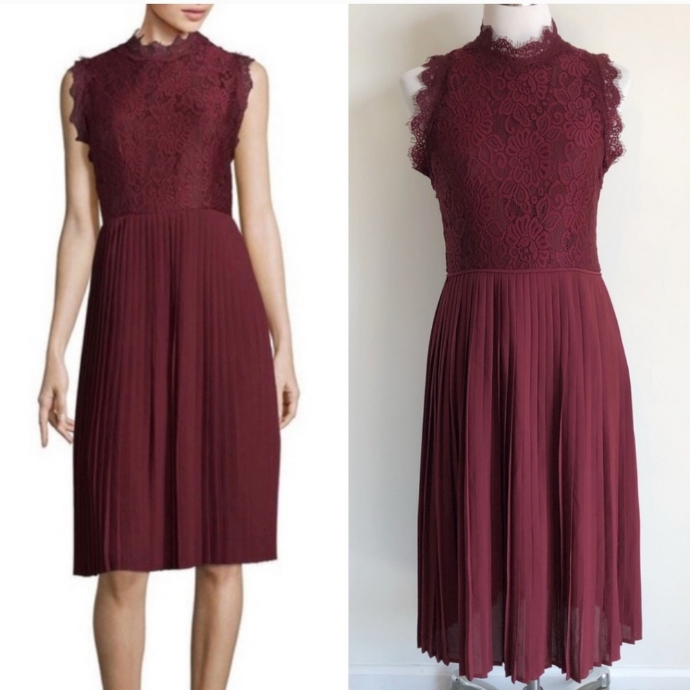 Libby Edelman Burgundy Lace Bodice Pleated Dress S